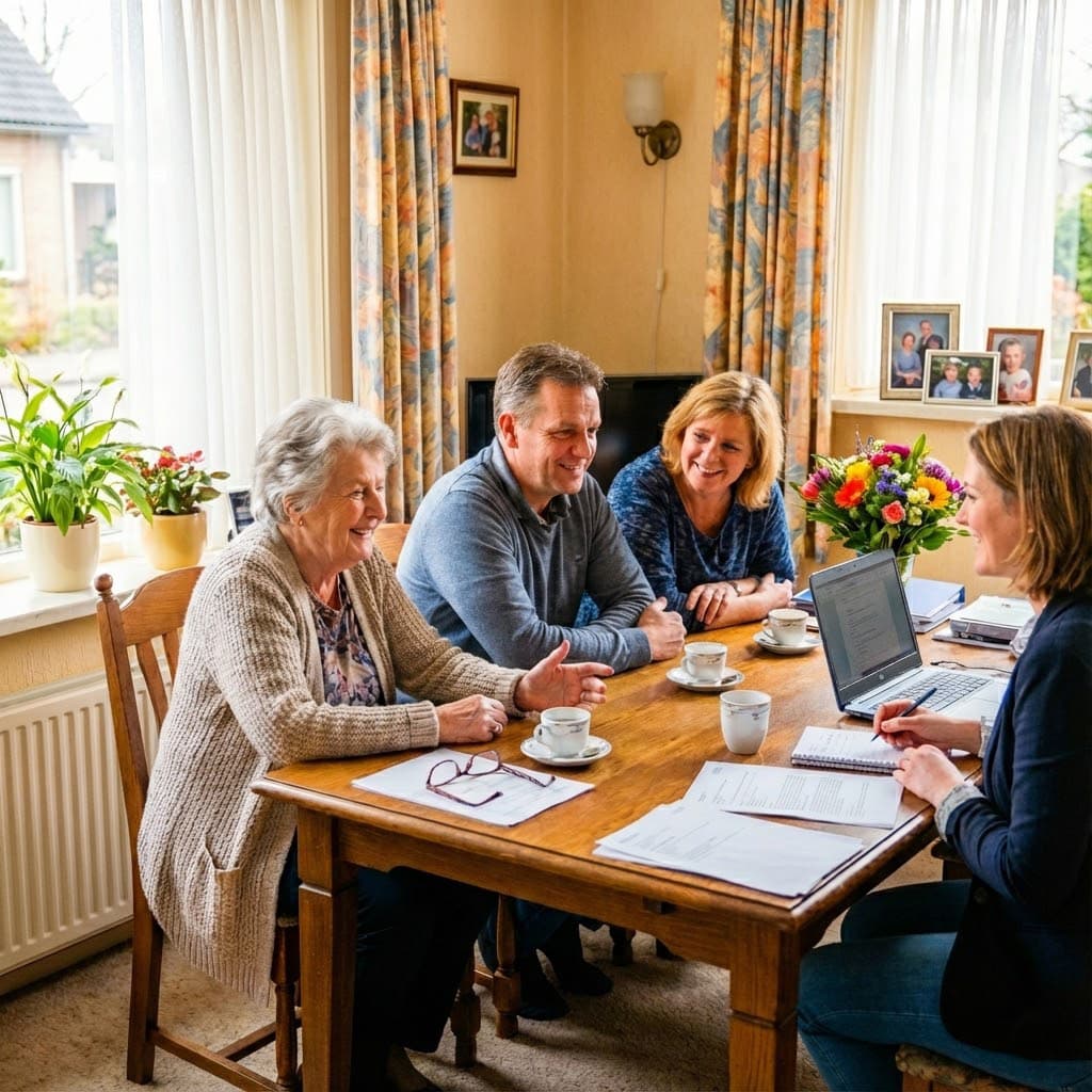 Zorgverlener die luistert naar oudere client tijdens begeleiding